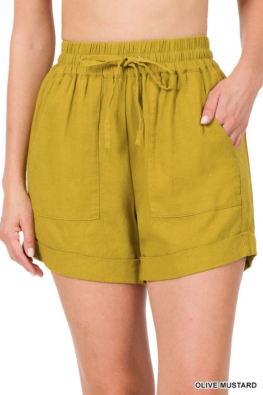 LINEN DRAWSTRING WAIST SHORTS WITH POCKETS