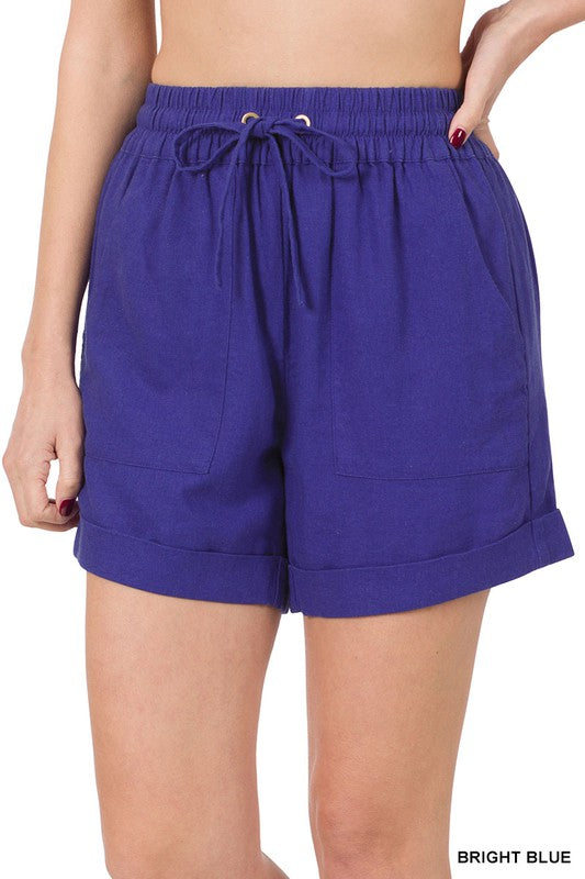LINEN DRAWSTRING WAIST SHORTS WITH POCKETS