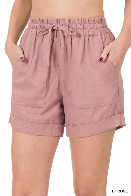 LINEN DRAWSTRING WAIST SHORTS WITH POCKETS