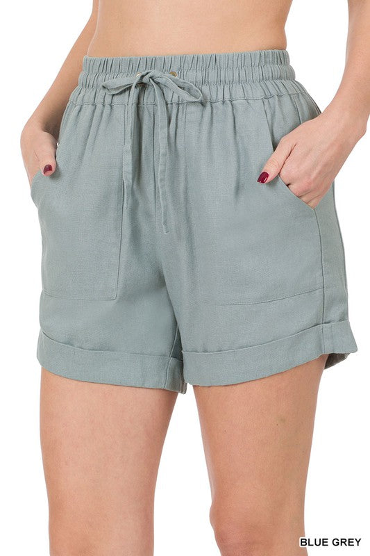 LINEN DRAWSTRING WAIST SHORTS WITH POCKETS