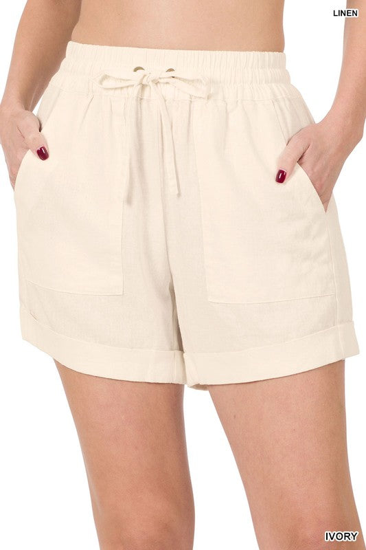 LINEN DRAWSTRING WAIST SHORTS WITH POCKETS