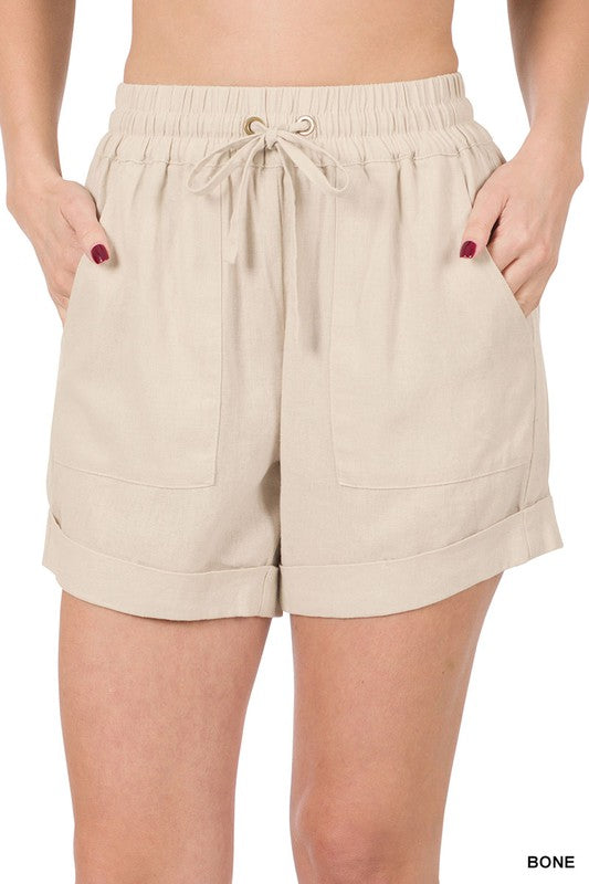 LINEN DRAWSTRING WAIST SHORTS WITH POCKETS