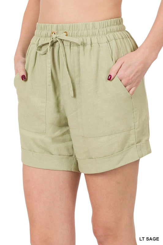 LINEN DRAWSTRING WAIST SHORTS WITH POCKETS
