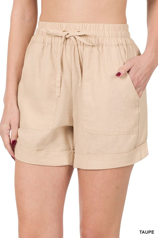 LINEN DRAWSTRING WAIST SHORTS WITH POCKETS