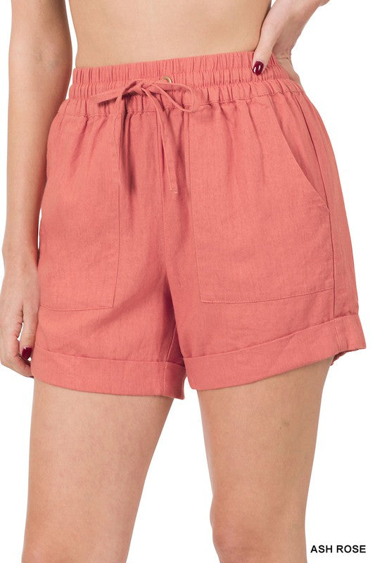 LINEN DRAWSTRING WAIST SHORTS WITH POCKETS