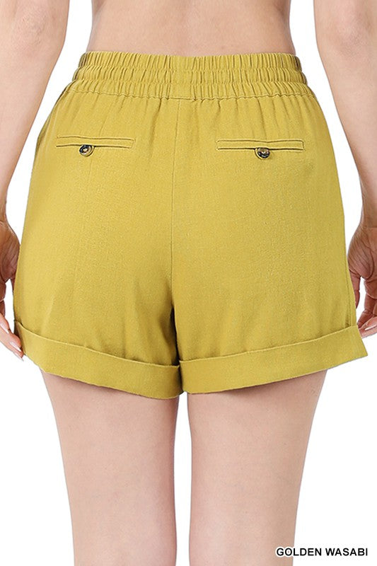 LINEN DRAWSTRING WAIST SHORTS WITH POCKETS
