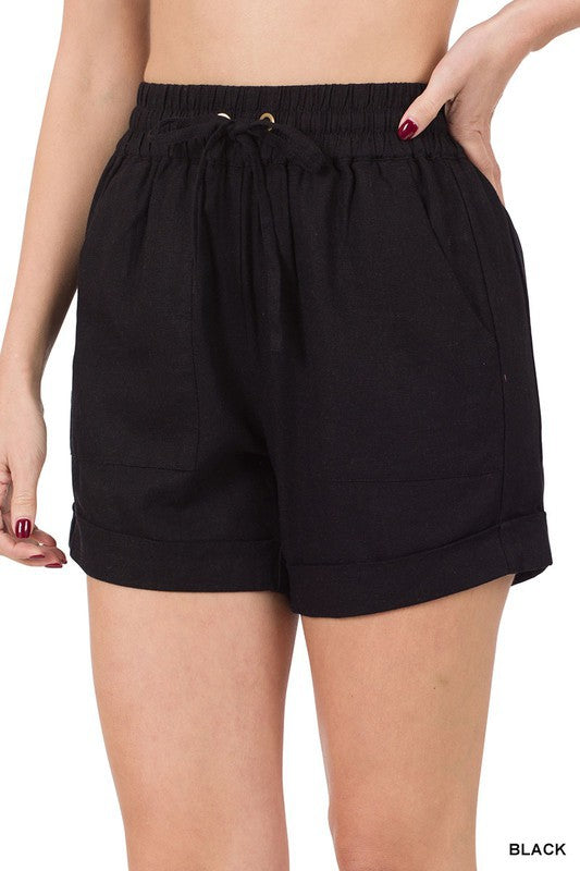 LINEN DRAWSTRING WAIST SHORTS WITH POCKETS