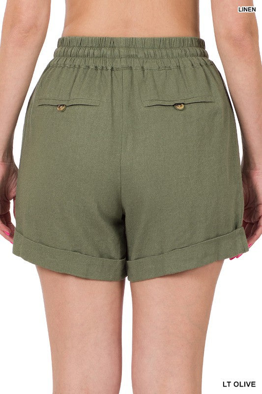 LINEN DRAWSTRING WAIST SHORTS WITH POCKETS